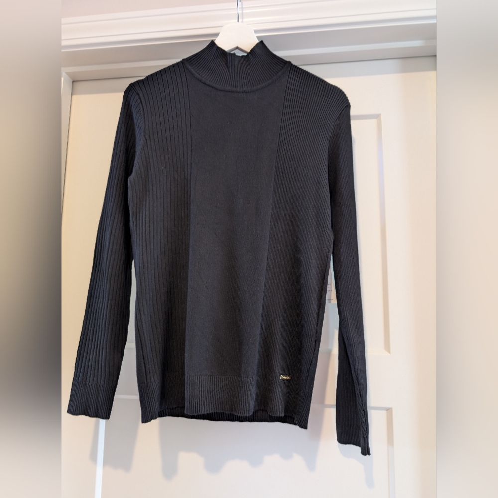 Calvin Klein Black Ribbed Turtleneck Sweater Assymetrical Texture Small NWT